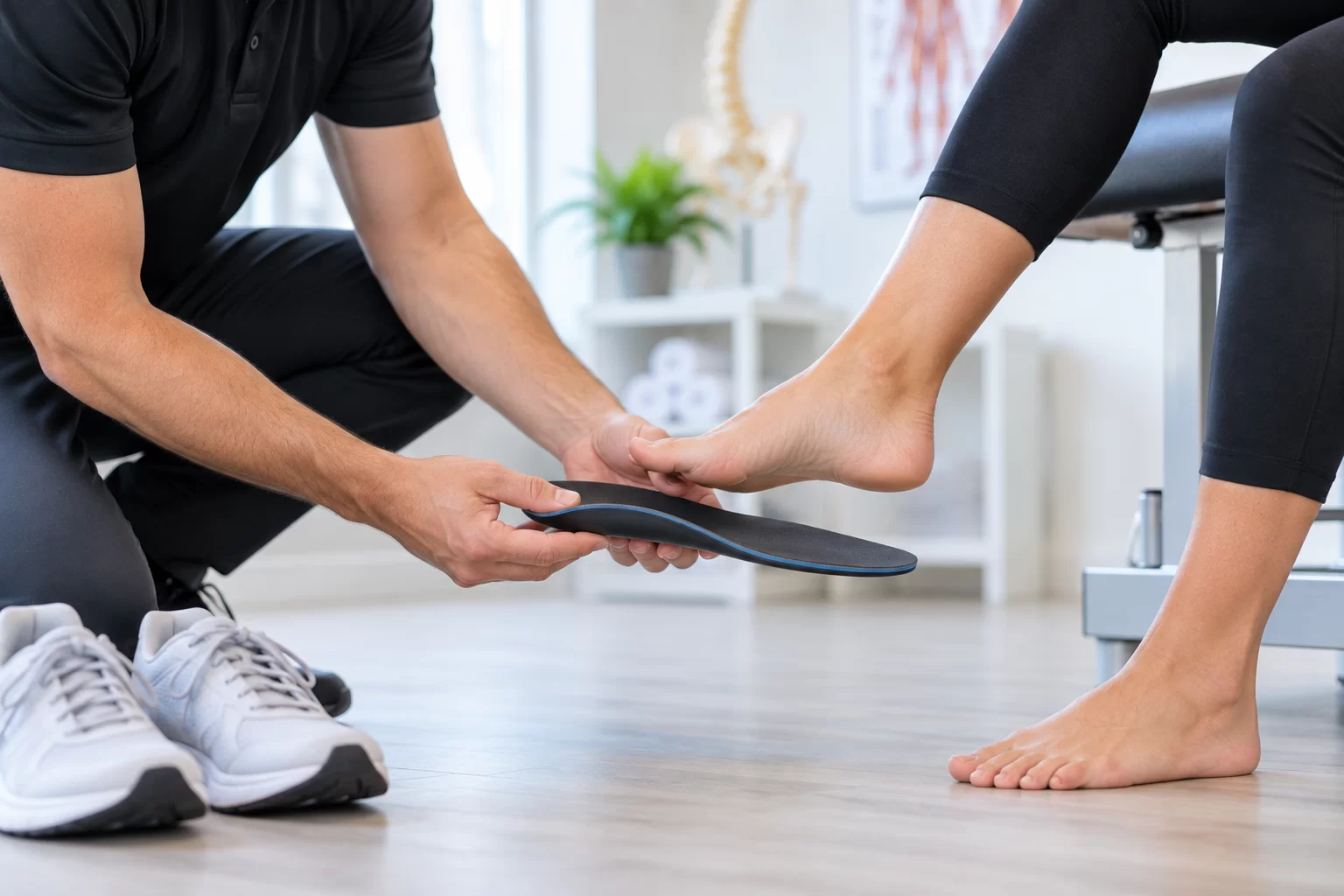 Practitioner fitting a patient for custom orthotics