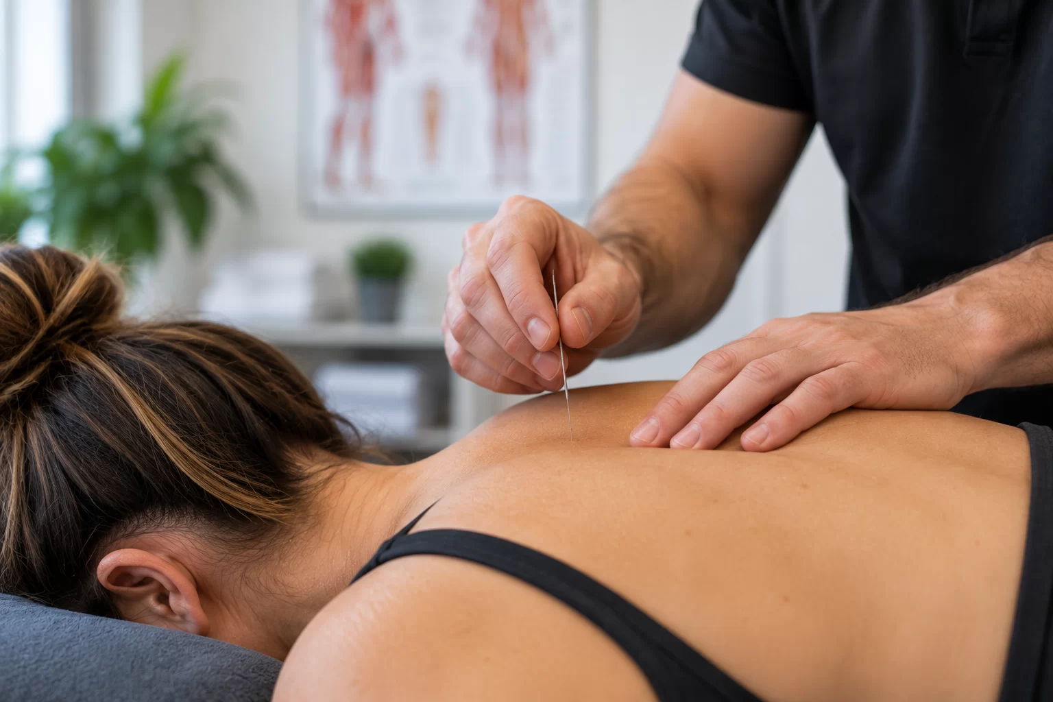 Practitioner providing dry needling treatment to a patient’s upper back