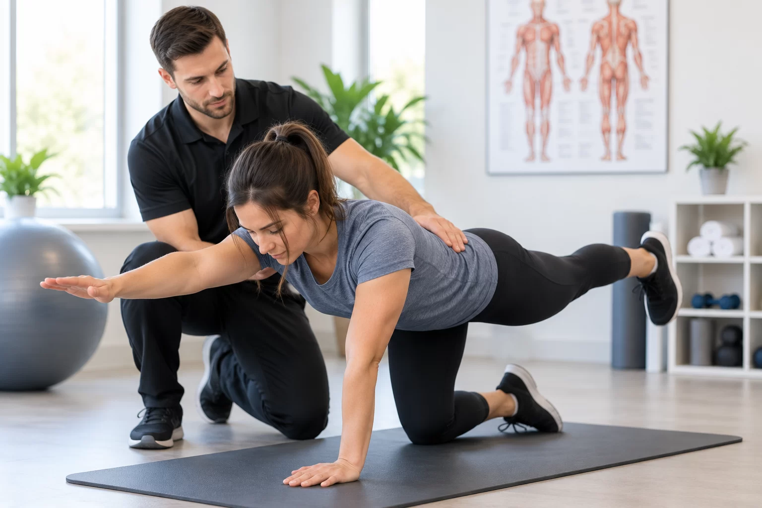 Kinesiologist guiding a patient through therapeutic exercise and rehabilitation
