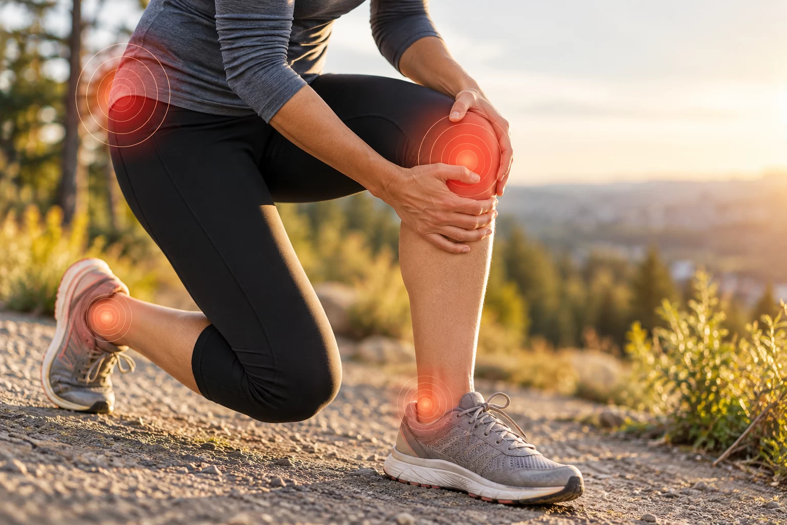 Active adult experiencing knee, hip, and ankle pain that may be assessed for shockwave therapy