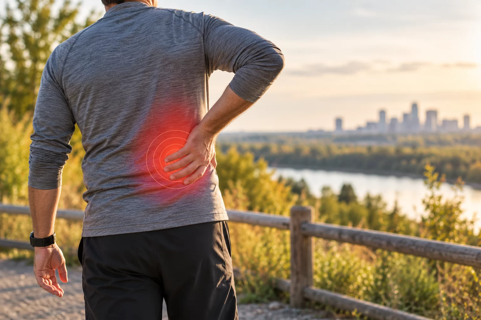 Active adult experiencing lower back pain while outdoors in Edmonton