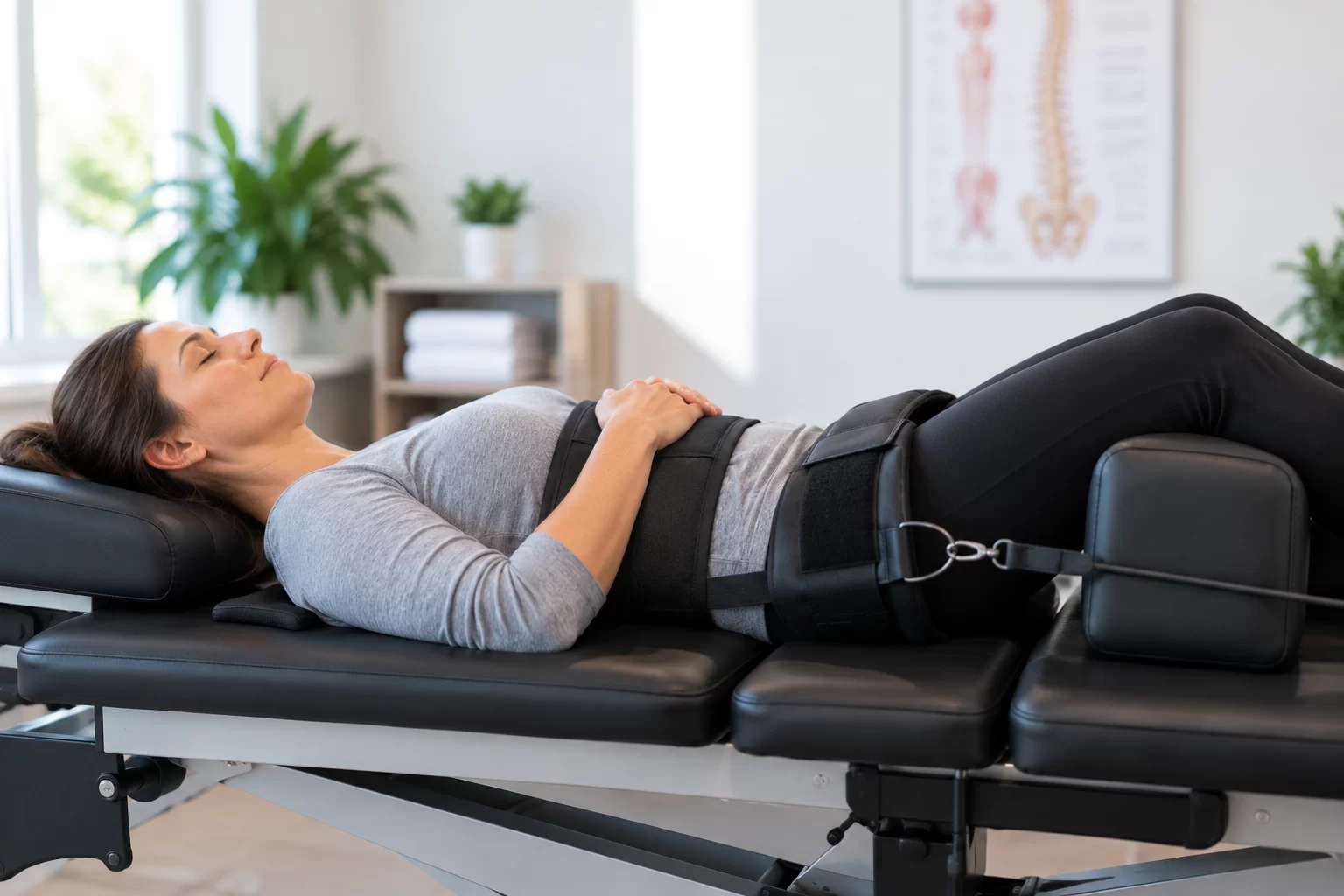 Patient receiving non-surgical spinal decompression treatment