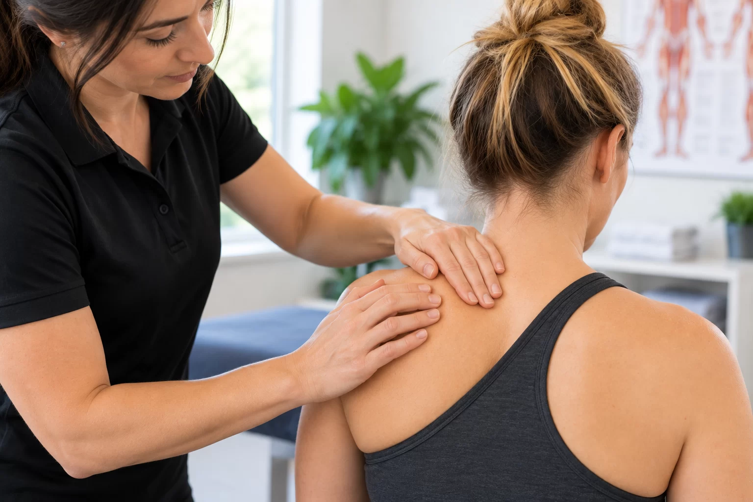 Practitioner assessing a patient’s shoulder and upper back in a clinical setting
